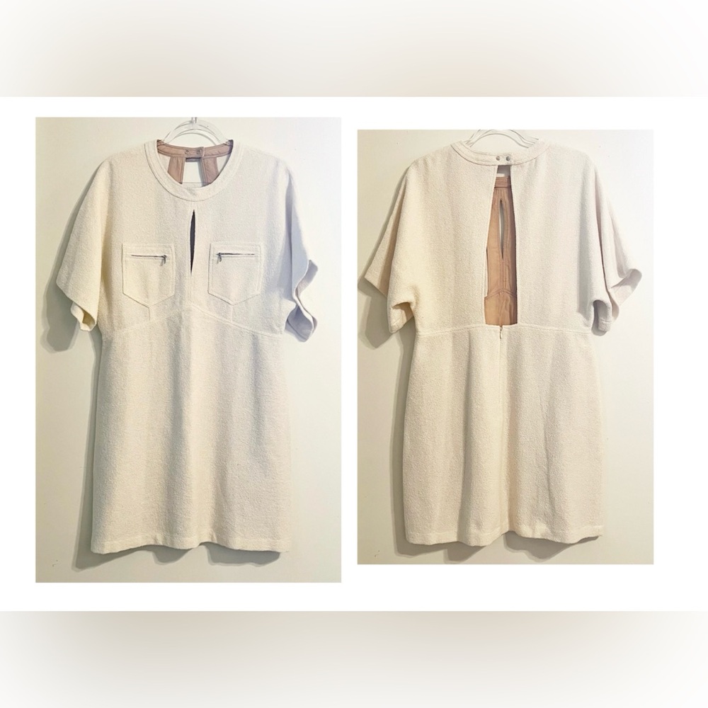 BCBGeneration Open Back French Terry Cotton Oatmeal Dress Front Pockets NWT